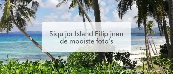 groene struiken, wit strand met palmbomen, azuurblauwe zee in het midden de tekst: Siquijor Island, Filipijnen de mooiste foto's