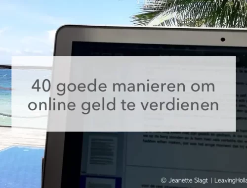 laptop met uitzicht op tropische zee in het midden van de tekst: 40 goede manieren om online geld te verdienen