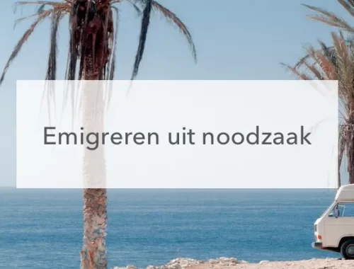 busje, palmbomen zee, tekst: emigreren uit noodzaak