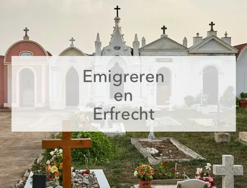 Kerkhof met gekleurde grafhuisjes en grafzerken in het midden de tekst "Emigratie en Erfrecht"