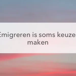 avondlucht met een wegwijzerbord in het midden de tekst : Emigreren is som skeuzes maken.