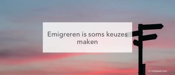 avondlucht met een wegwijzerbord in het midden de tekst : Emigreren is som skeuzes maken.